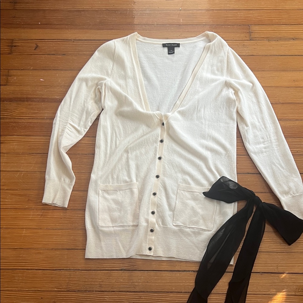 White a house Black Market Women's White Cardigan Sweater with Black Bow